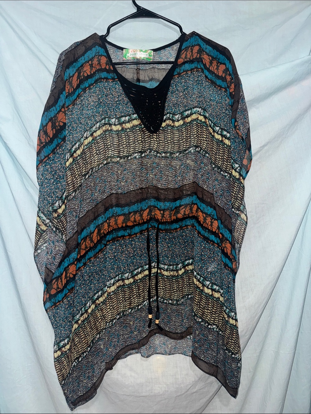 Striped Sheer V‑Neck Tunic in Teal and Rust